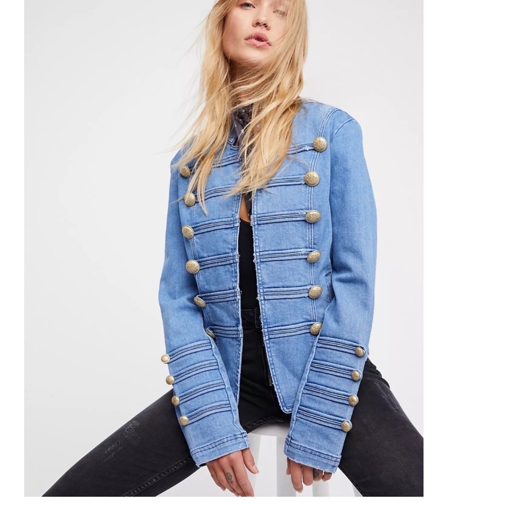 Free People Fitted Military Denim Jacket Size Medium